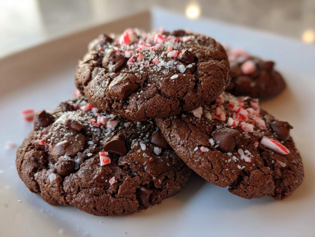 Close-up of Melt-In-Your-Mouth Peppermint Chocolate Cookies topped with chocolate chips and crushed candy canes.