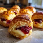 Close-up of golden brown Mini Brie & Cranberry Bites in Puff Pastry, with melted brie and cranberry filling visible.
