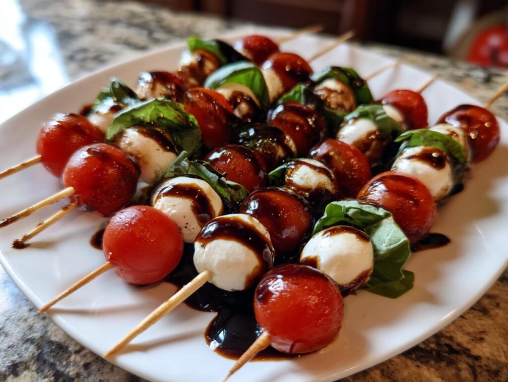 A platter of Mini Caprese Skewers with Balsamic Glaze, featuring cherry tomatoes, mozzarella balls, and basil leaves.