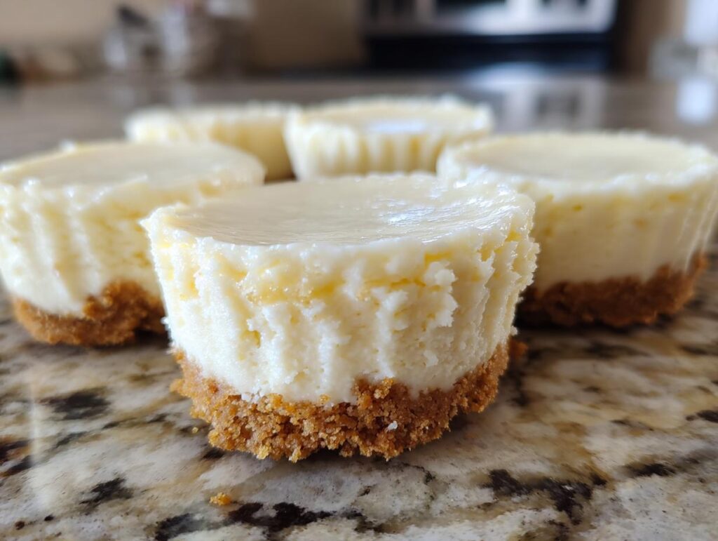 Close-up of delicious Mini Cheesecake Bites with a graham cracker crust, perfect for any party dessert.