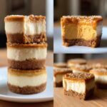A stack of delicious mini pumpkin cheesecakes with a creamy white layer, caramel topping, and crushed nuts.