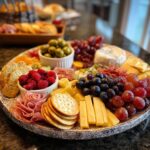 A festive New Year's Eve charcuterie board filled with an assortment of cheeses, meats, grapes, raspberries, olives, and crackers.