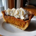 A slice of old-fashioned pumpkin pie topped with spiced whipped cream on a white plate.