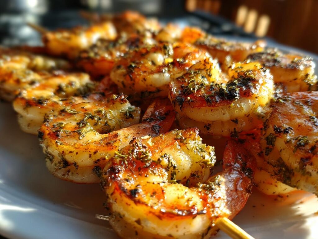 Close-up of delicious Parmesan Garlic Shrimp Skewers seasoned with herbs, ready to be served.