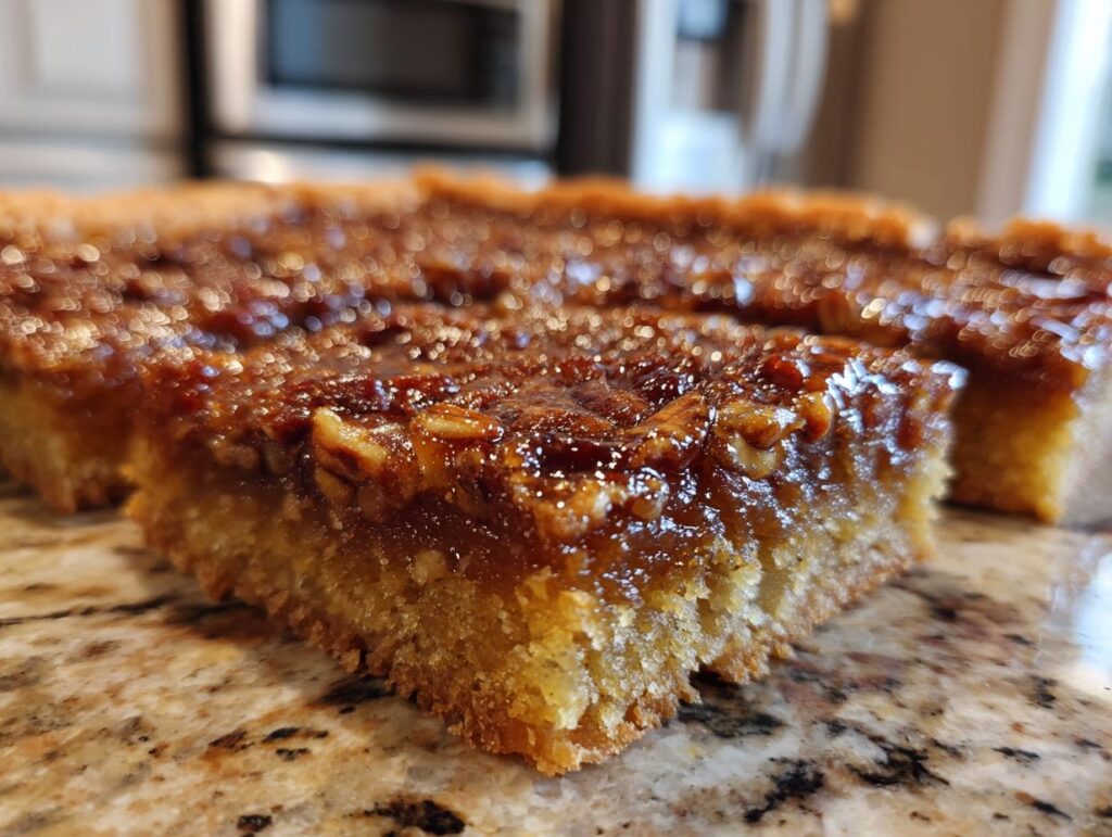 Close-up of a slice of Pecan Pie Bars, showcasing the gooey caramel topping and crunchy pecans.