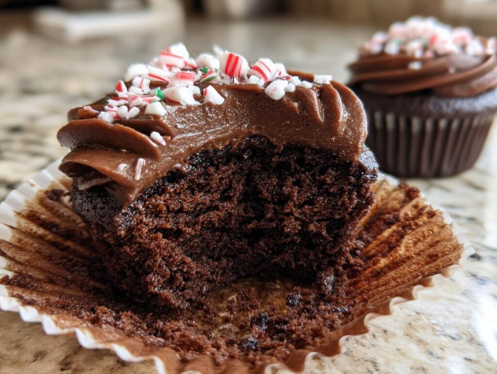 A decadent Peppermint Mocha Cupcake with rich chocolate frosting and crushed candy canes, with another cupcake in the background.