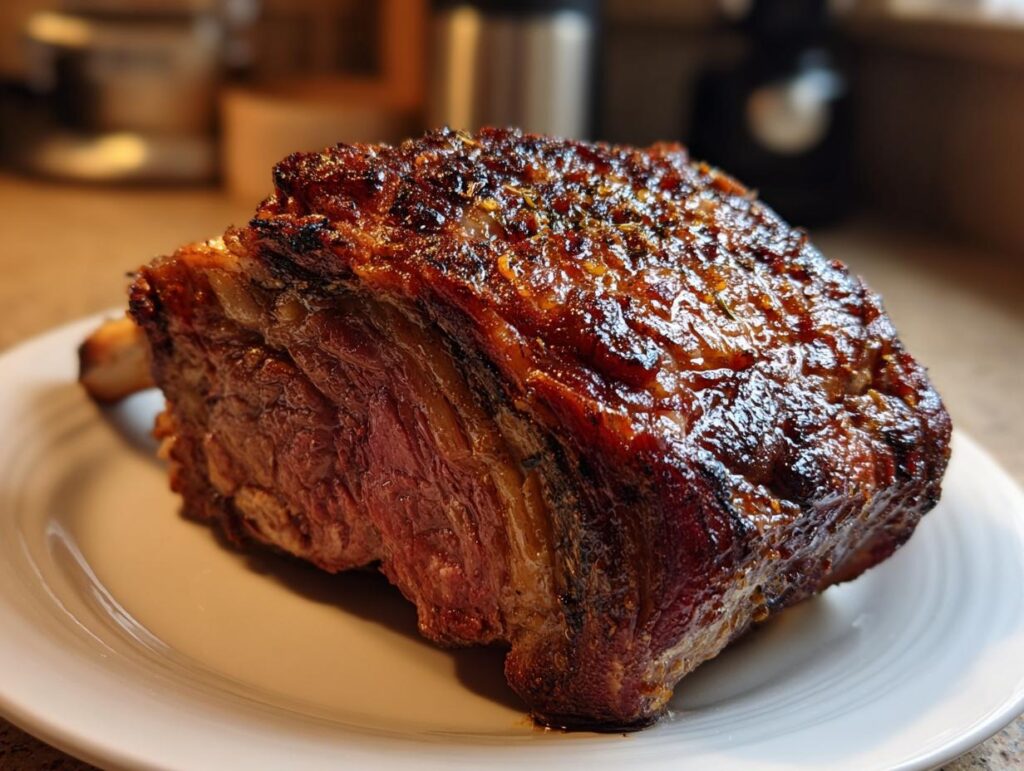 A close-up of a perfectly roasted Prime Rib (Standing Rib Roast) with a glistening crust, served on a white plate.