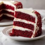 A tempting slice of Red Velvet Cake with Cream Cheese Icing, showcasing its rich red layers and creamy frosting.