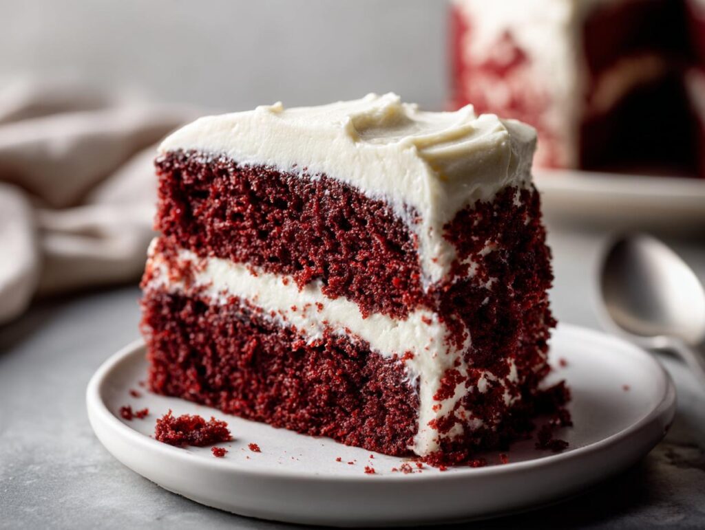 A moist slice of Red Velvet Cake with rich cream cheese icing, showcasing its vibrant red layers.
