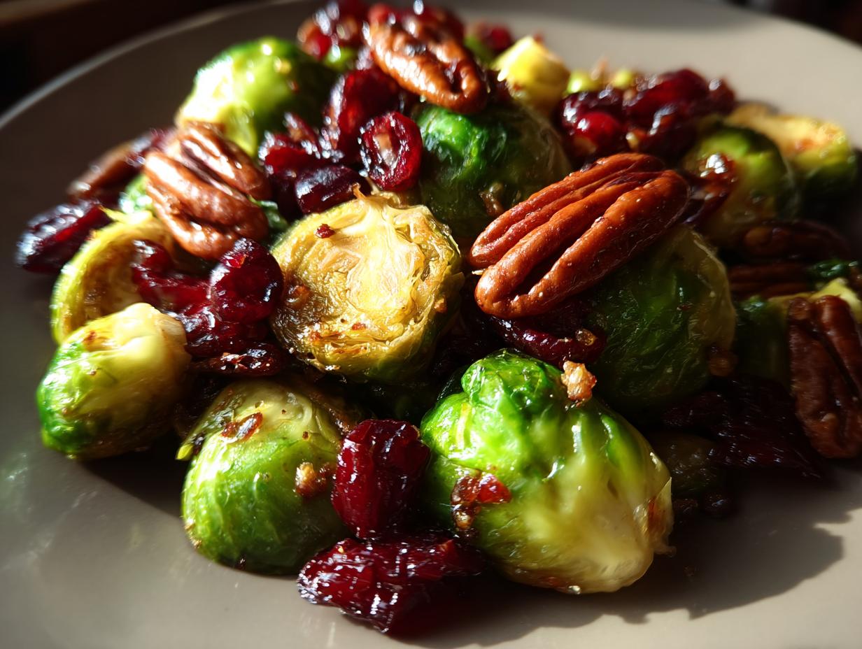 Amazing Roasted Brussels Sprouts with Cranberries & Pecans