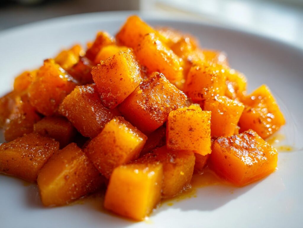 A close-up shot of roasted butternut squash cubes coated in maple syrup and cinnamon, served on a white plate.
