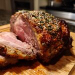 A perfectly roasted prime rib with a golden-brown crust, seasoned with garlic and herbs, sliced on a wooden cutting board.