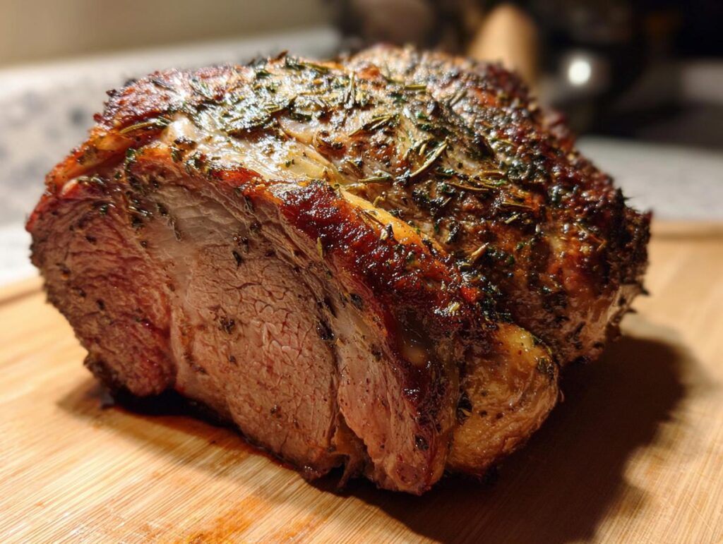 A perfectly roasted prime rib with a golden-brown crust, seasoned with garlic and herbs, resting on a wooden cutting board.