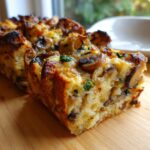 A close-up of a slice of savory bread pudding with mushrooms and herbs, baked to a golden brown.