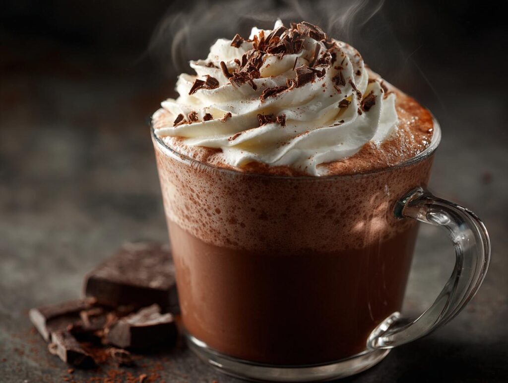 A steaming mug of rich and creamy slow cooker hot chocolate topped with whipped cream and chocolate shavings.
