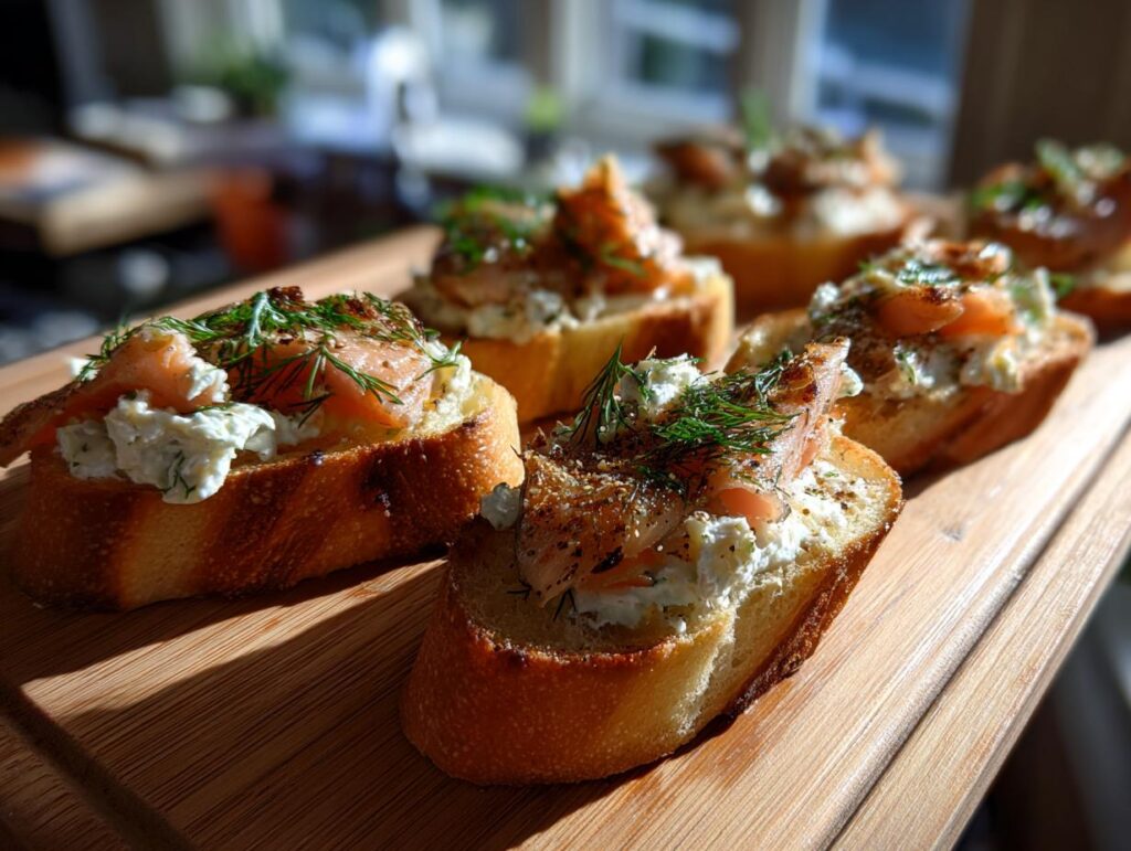 Close-up of delicious Smoked Salmon Crostini with cream cheese and fresh dill on a wooden board.