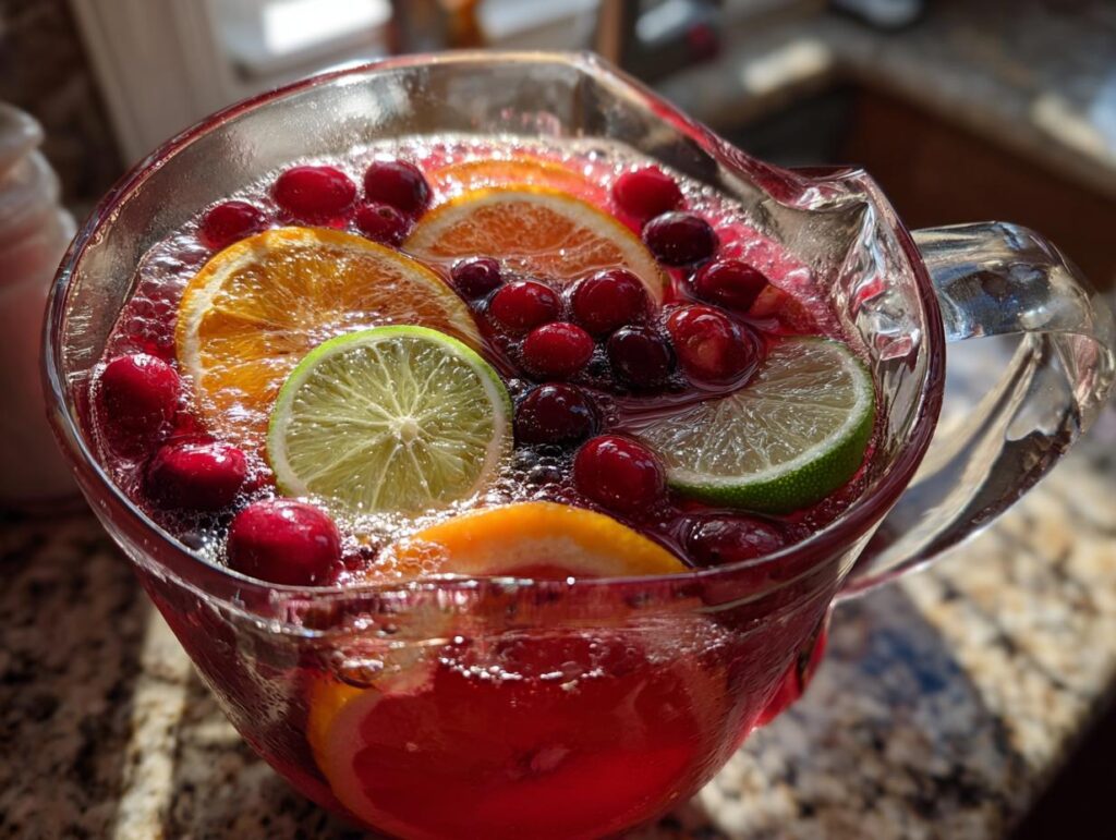 A clear glass pitcher filled with Sparkling Cranberry Punch, garnished with fresh cranberries, orange slices, and lime slices.