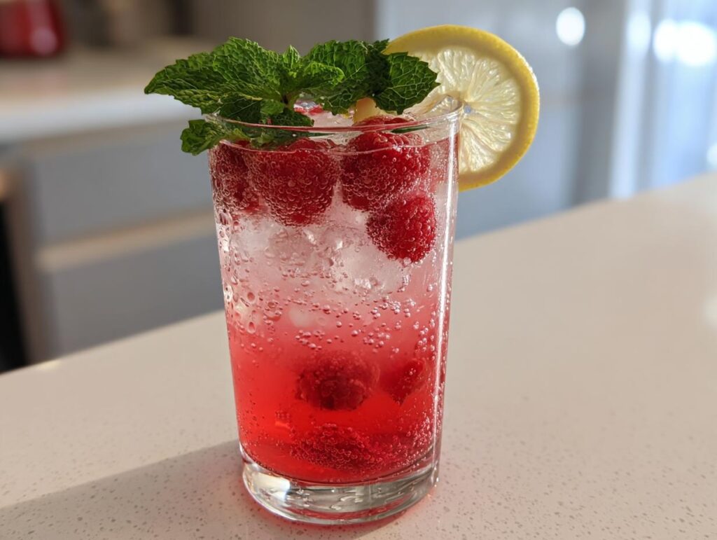 A tall glass filled with Sparkling Raspberry Lemonade Mocktail, fresh raspberries, ice, mint, and a lemon slice.
