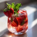 A refreshing Sparkling Strawberry Mocktail garnished with fresh strawberries and mint leaves, filled with ice and bubbles.