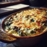 Close-up of a bubbling hot Spinach & Artichoke Dip, topped with melted golden-brown cheese.