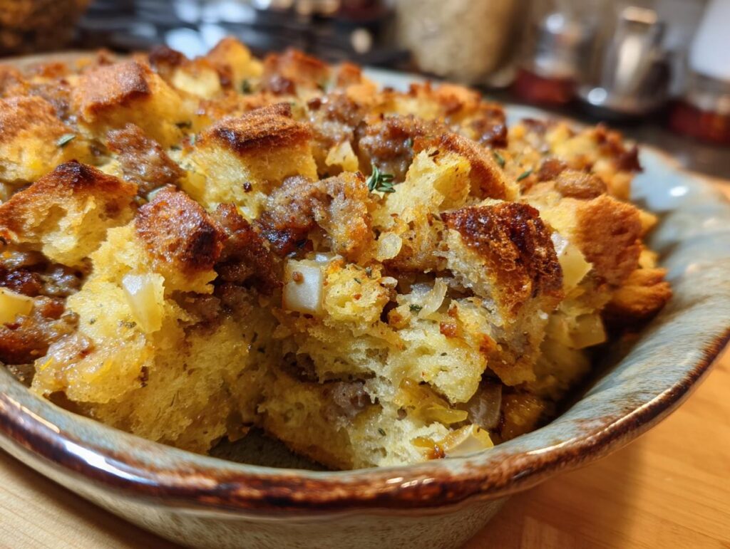 Close-up of a serving dish filled with homemade Stuffing with Sausage and Apples, featuring golden-brown bread cubes and savory sausage.