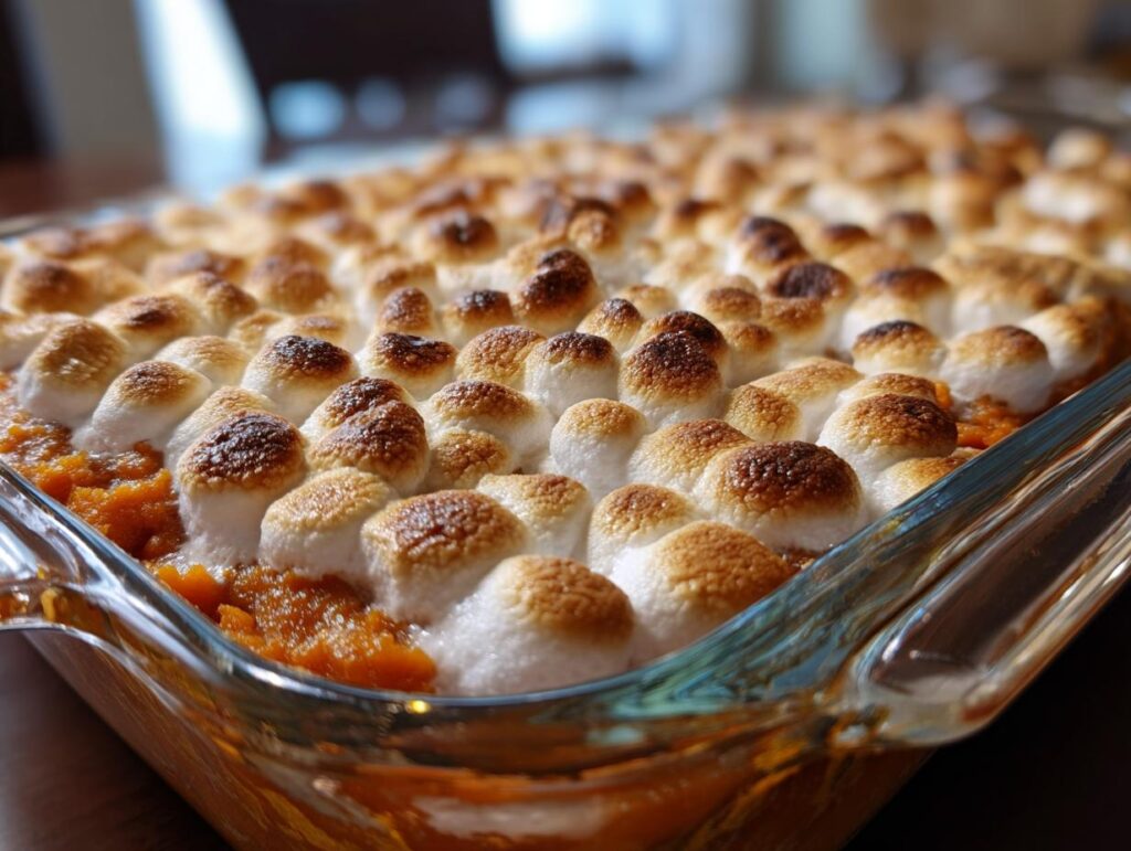 Close-up of a delicious Sweet Potato Casserole with a golden-brown, toasted marshmallow topping.