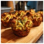 Close-up of golden brown Thanksgiving Stuffing Muffins topped with herbs on a wooden board.