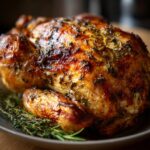 A golden-brown, roasted Ultimate Thanksgiving Turkey with Garlic Herb Butter, garnished with fresh herbs.
