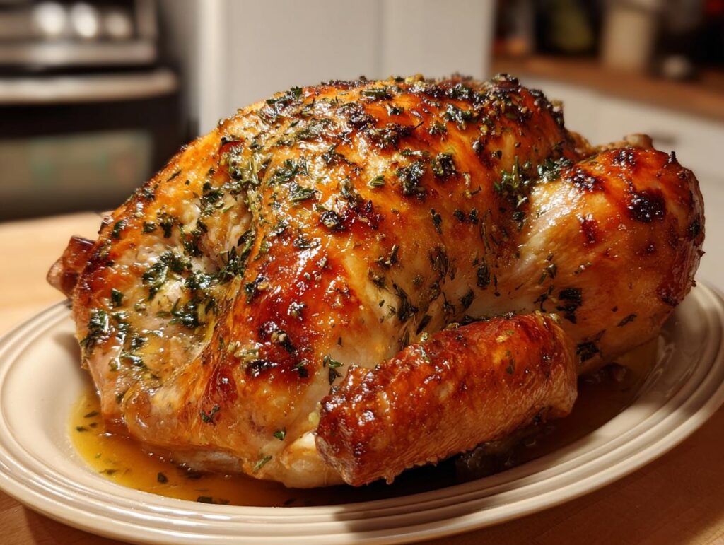 A perfectly roasted Ultimate Thanksgiving Turkey glistening with garlic herb butter and herbs.