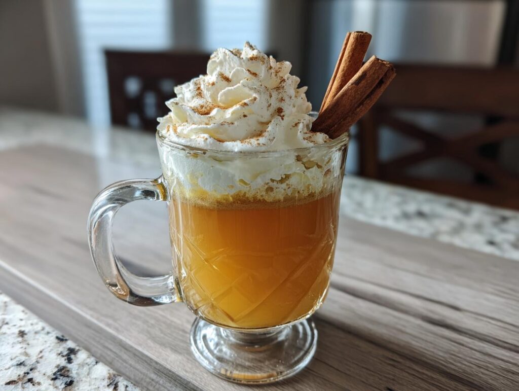 A glass of Apple Cider Chai Fusion topped with whipped cream and cinnamon sticks.