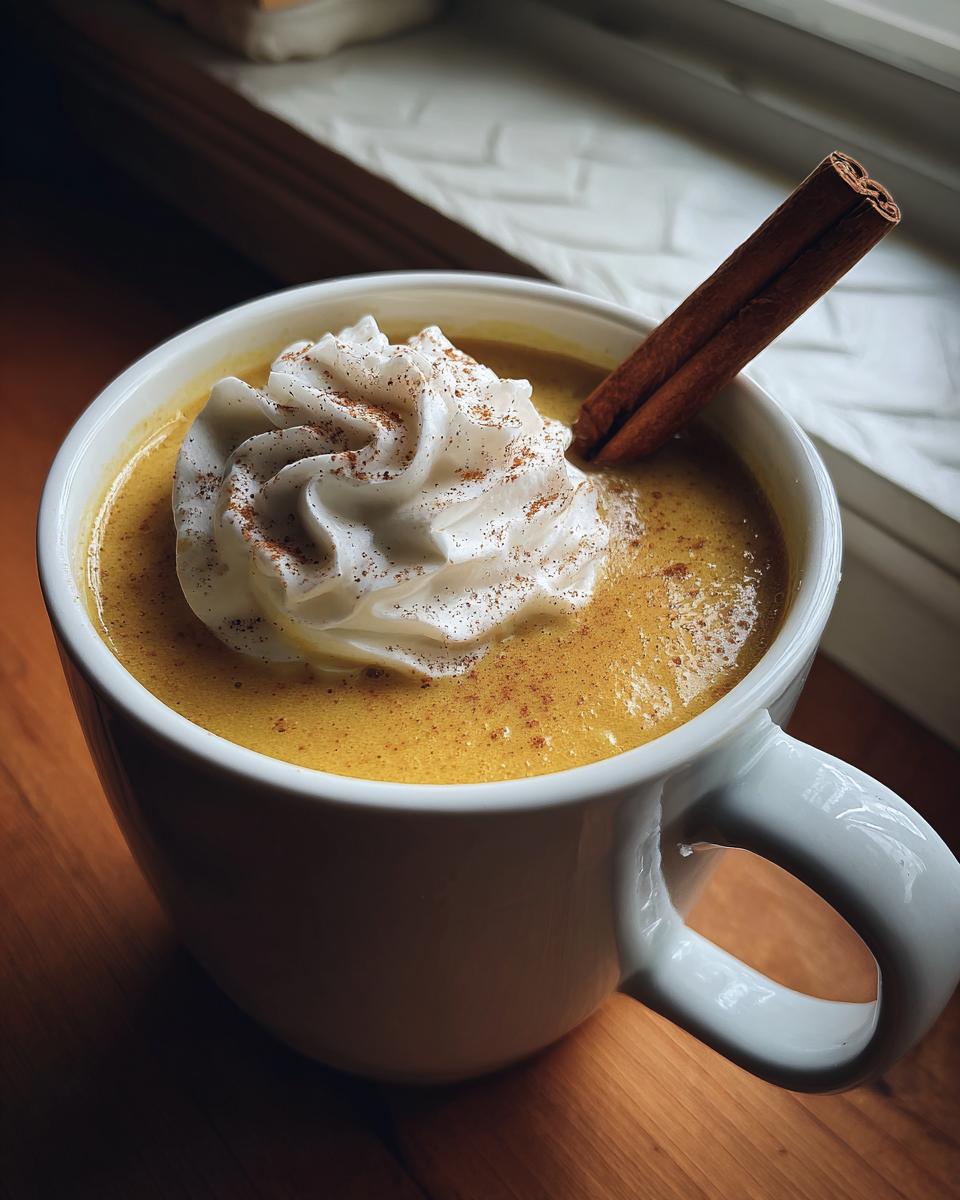 A mug of Apple Cider Chai Fusion topped with whipped cream and cinnamon stick.