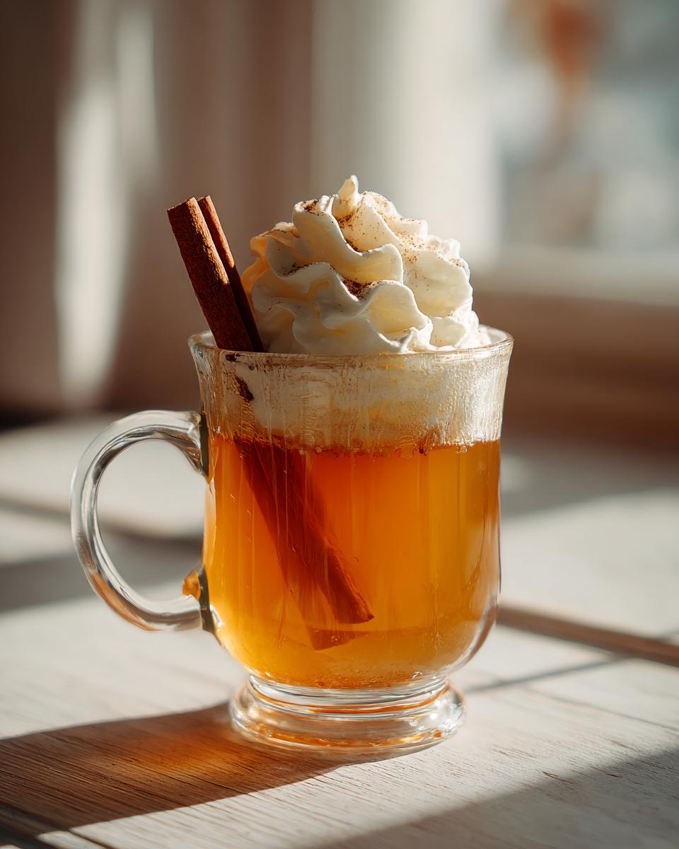 A warm glass of Apple Cider Chai Fusion topped with whipped cream and cinnamon sticks.