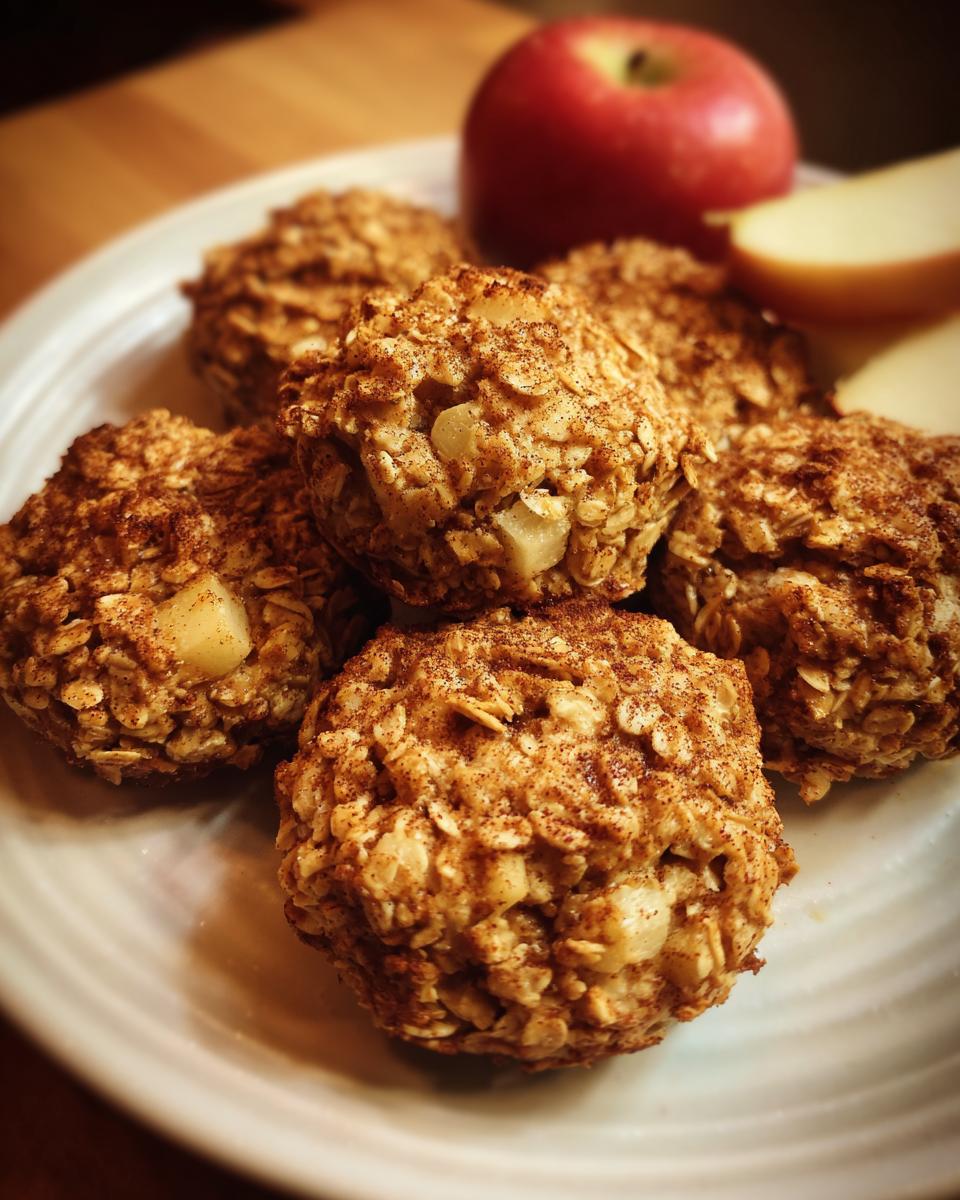 Close-up of Apple Cinnamon Oat Bites on a plate with apple slices.