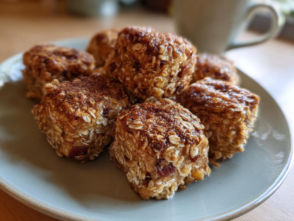 Close-up of a plate with delicious Apple Cinnamon Oat Bites, sprinkled with cinnamon.