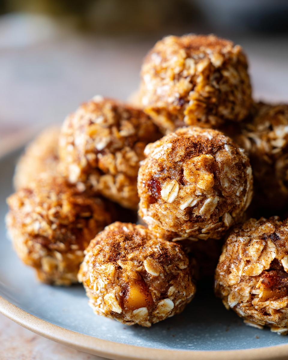Close-up of a pile of Apple Cinnamon Oat Bites on a blue plate, sprinkled with cinnamon.
