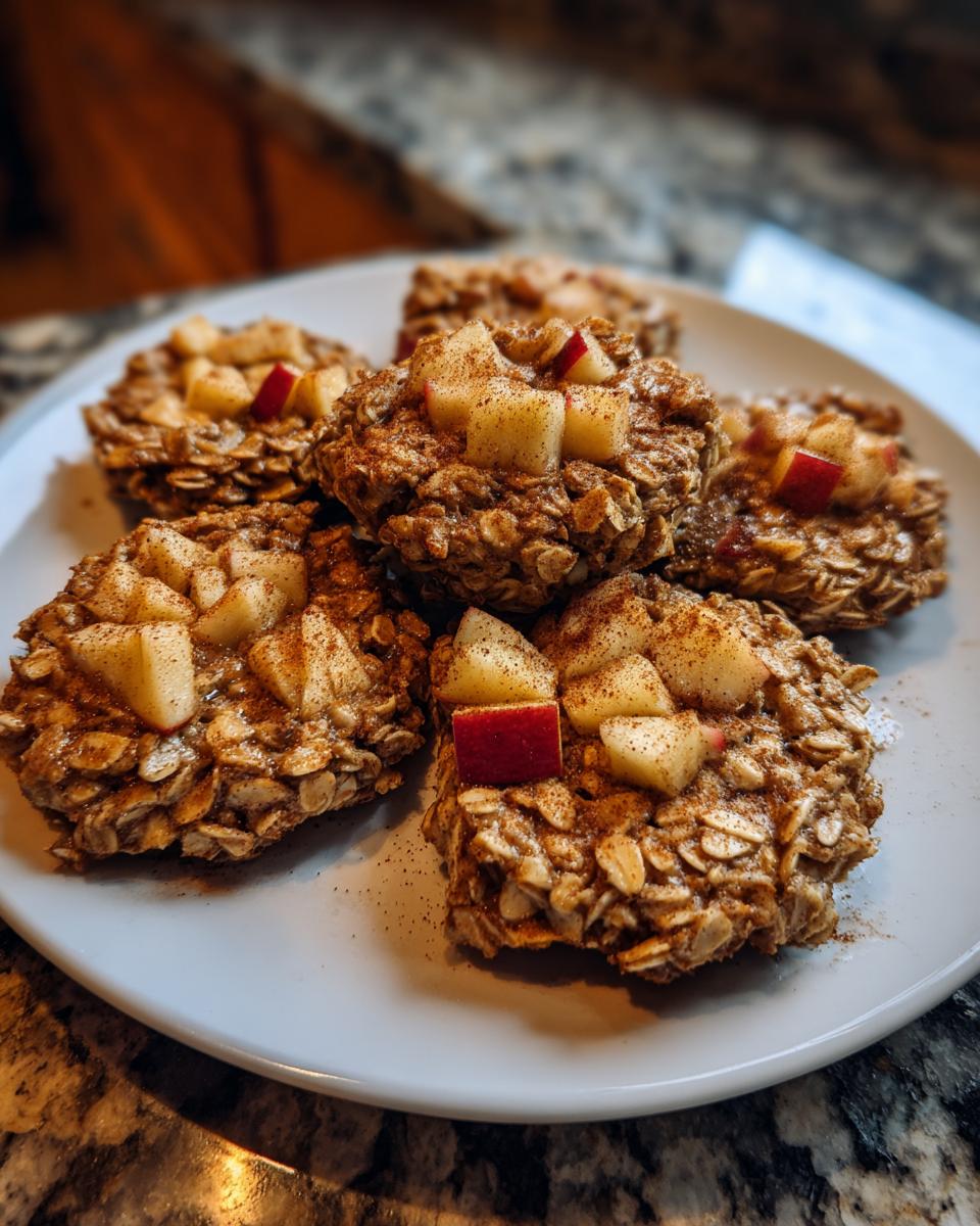 Close-up of a plate of delicious Apple Cinnamon Oat Bites, topped with diced apples and cinnamon.
