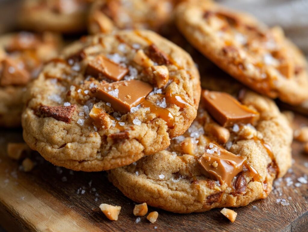 Close-up of delicious Apple & Peanut Butter Chips cookies with caramel and sea salt.