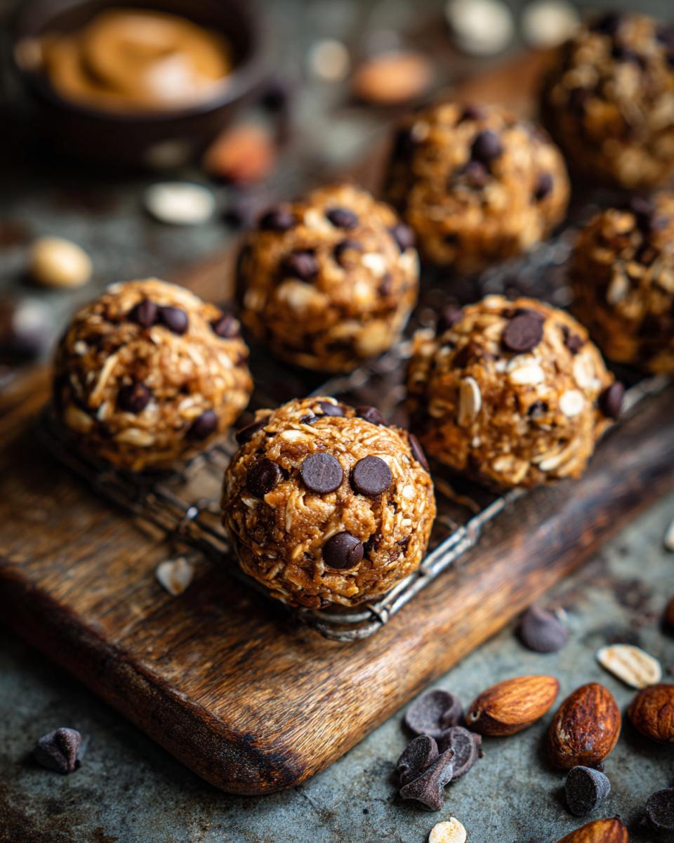 Close-up of Apple & Peanut Butter Chips energy bites with chocolate chips, oats, and nuts on a wooden board.