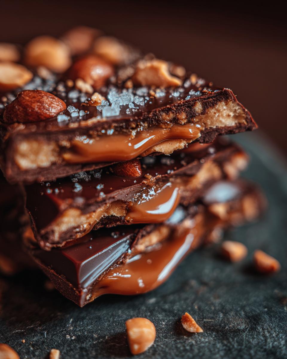 Close-up of stacked Apple & Peanut Butter Chips with caramel and nuts, a delicious treat.