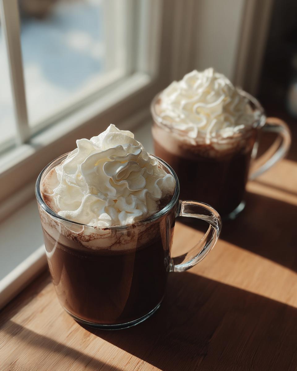 Two mugs of Baileys Hot Chocolate topped with whipped cream, sitting on a wooden surface near a window.