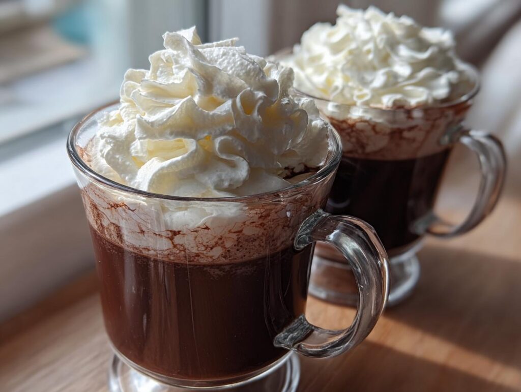 Two glasses of Baileys Hot Chocolate topped with whipped cream, perfect for a cozy treat.
