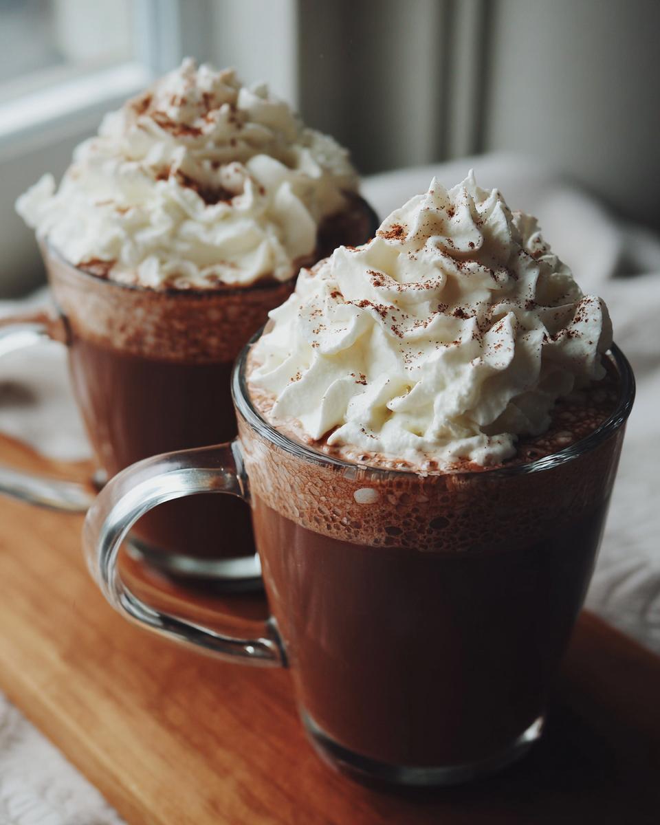 Two mugs of Baileys Hot Chocolate topped with whipped cream and cocoa powder, on a wooden board.