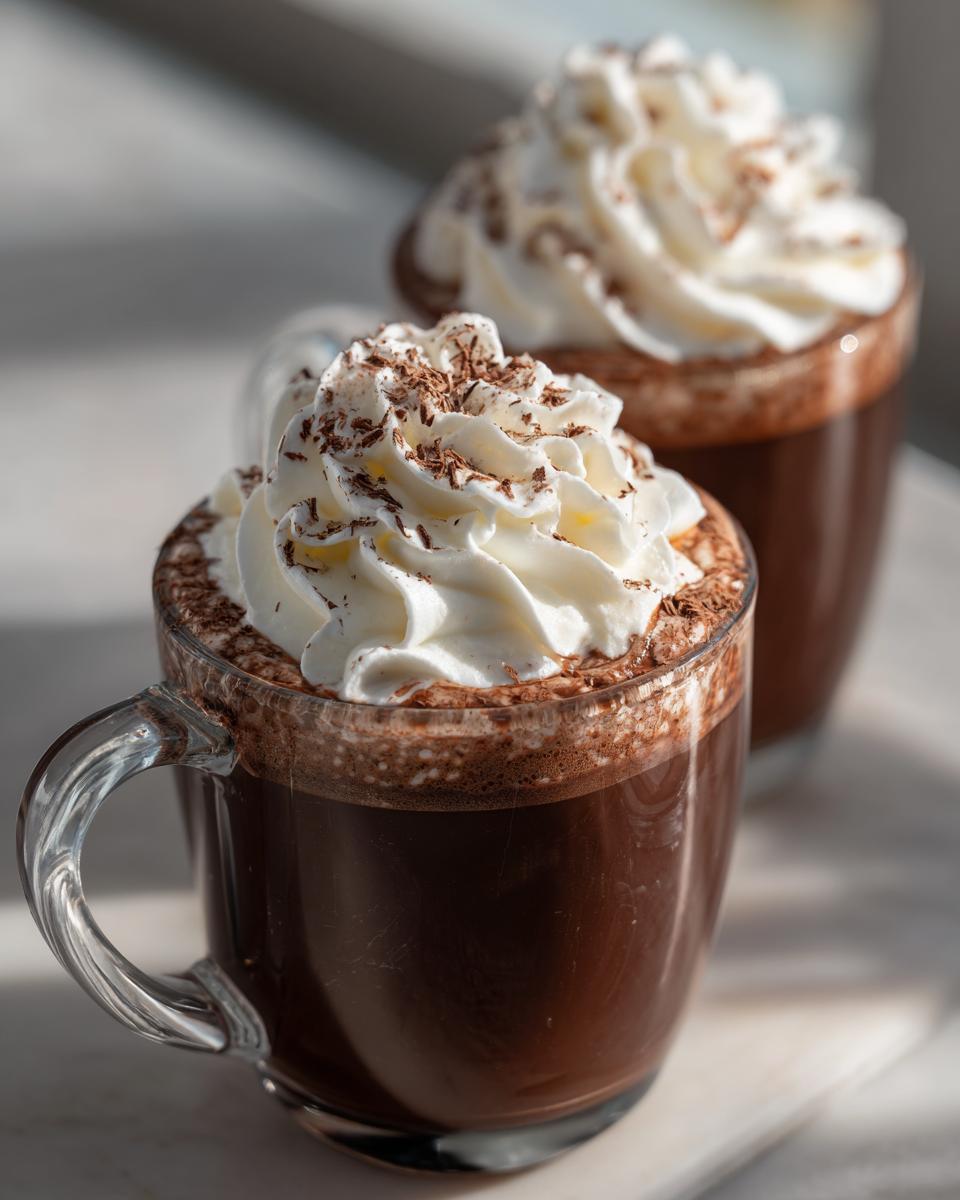 Two mugs of Baileys Hot Chocolate topped with whipped cream and chocolate shavings.