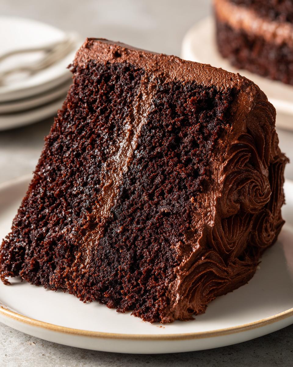 A slice of delicious Baileys Irish Cream Cake with chocolate frosting on a white plate.