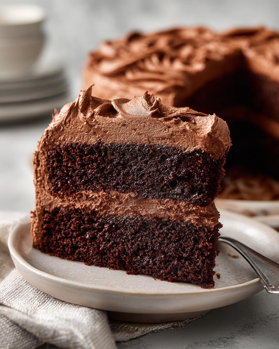 Close-up of a slice of Baileys Irish Cream Cake on a plate, showing layers and frosting.