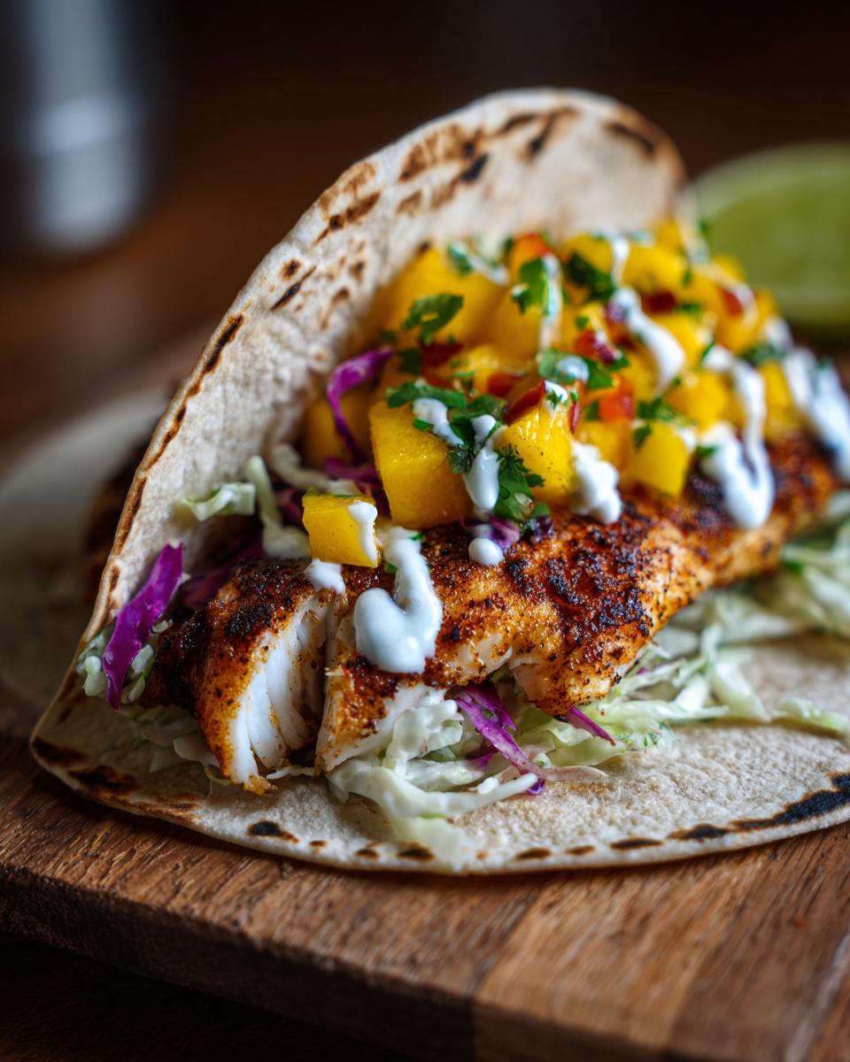 Close-up of a Baked Fish Taco with Mango Salsa, a delicious and easy recipe.