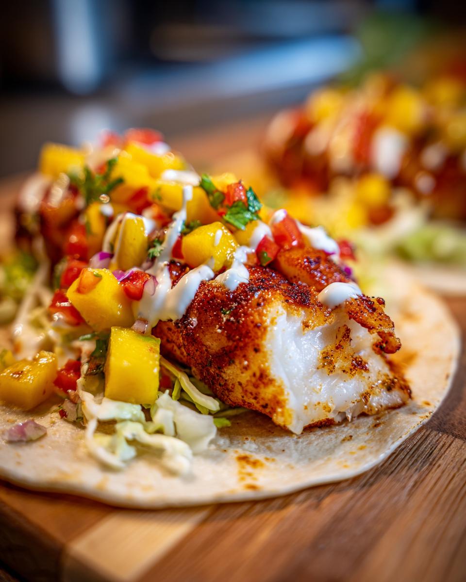Close-up of a Baked Fish Taco with mango salsa, showing the flaky fish and fresh toppings.