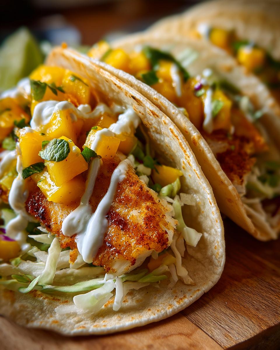 Close-up of three Baked Fish Tacos with mango salsa, creamy sauce, and fresh herbs.