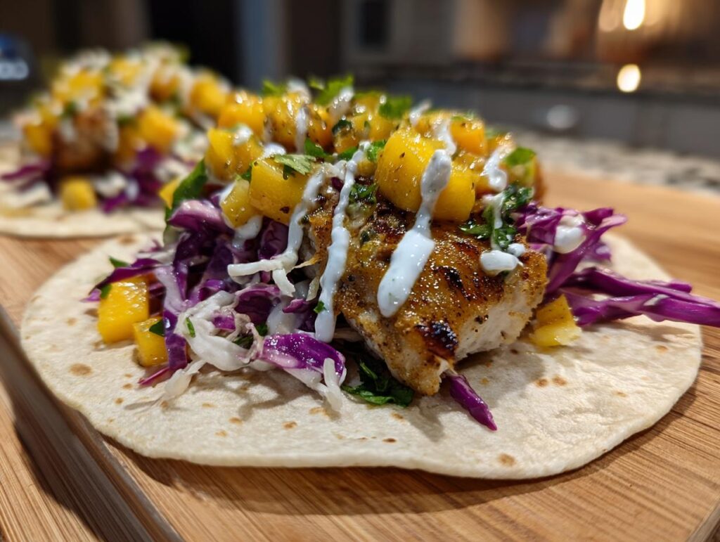Close-up of Baked Fish Tacos with mango salsa, red cabbage, and a creamy sauce.