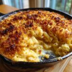 Close-up of Baked Mac and Cheese with a Crispy Top in a cast iron skillet.